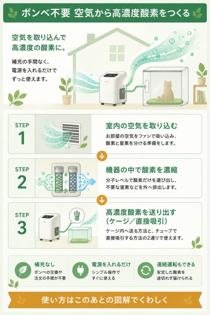 空気から高濃度酸素をつくる仕組みの図解