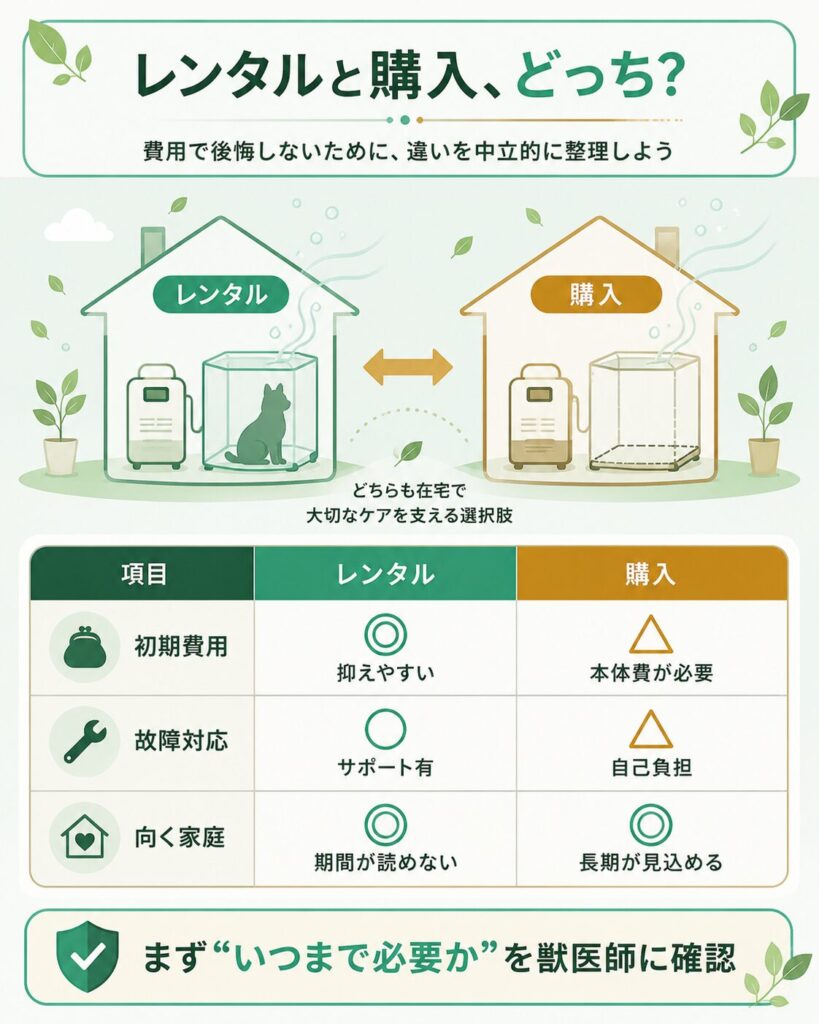酸素室のレンタルと購入を比較した中立の判断表