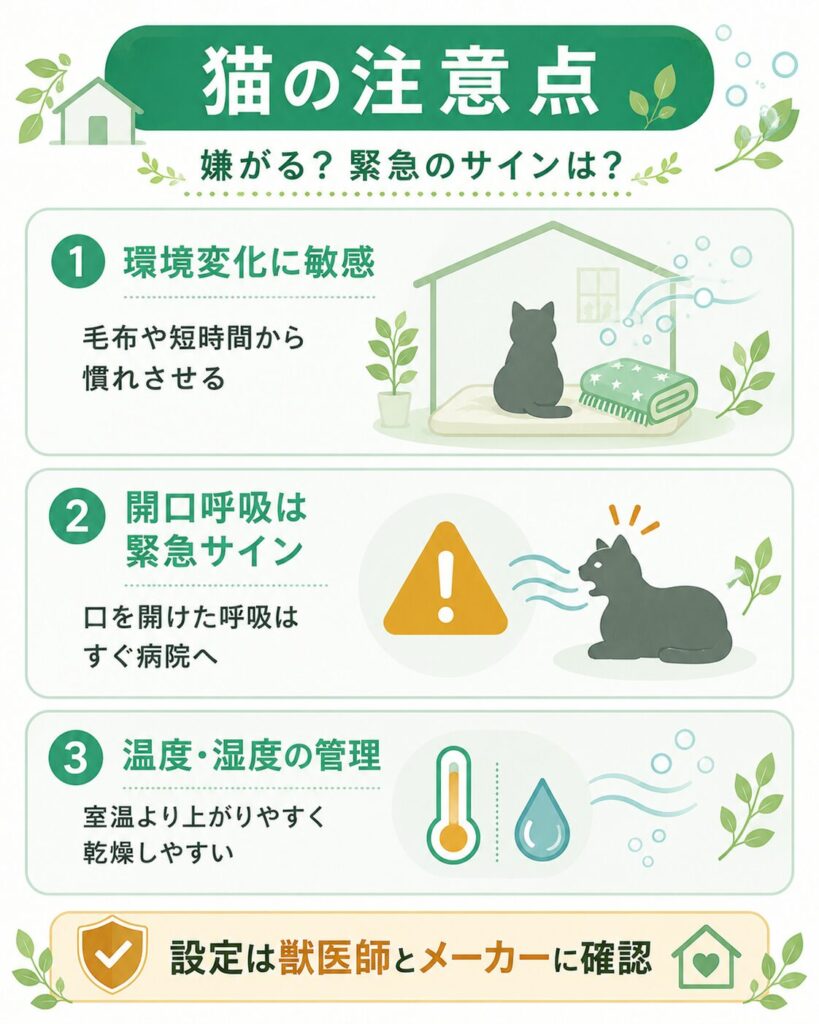 猫の酸素室で注意したい3つのポイントを示した図