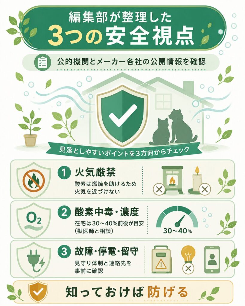 編集部が整理した酸素室の安全3視点を示した図