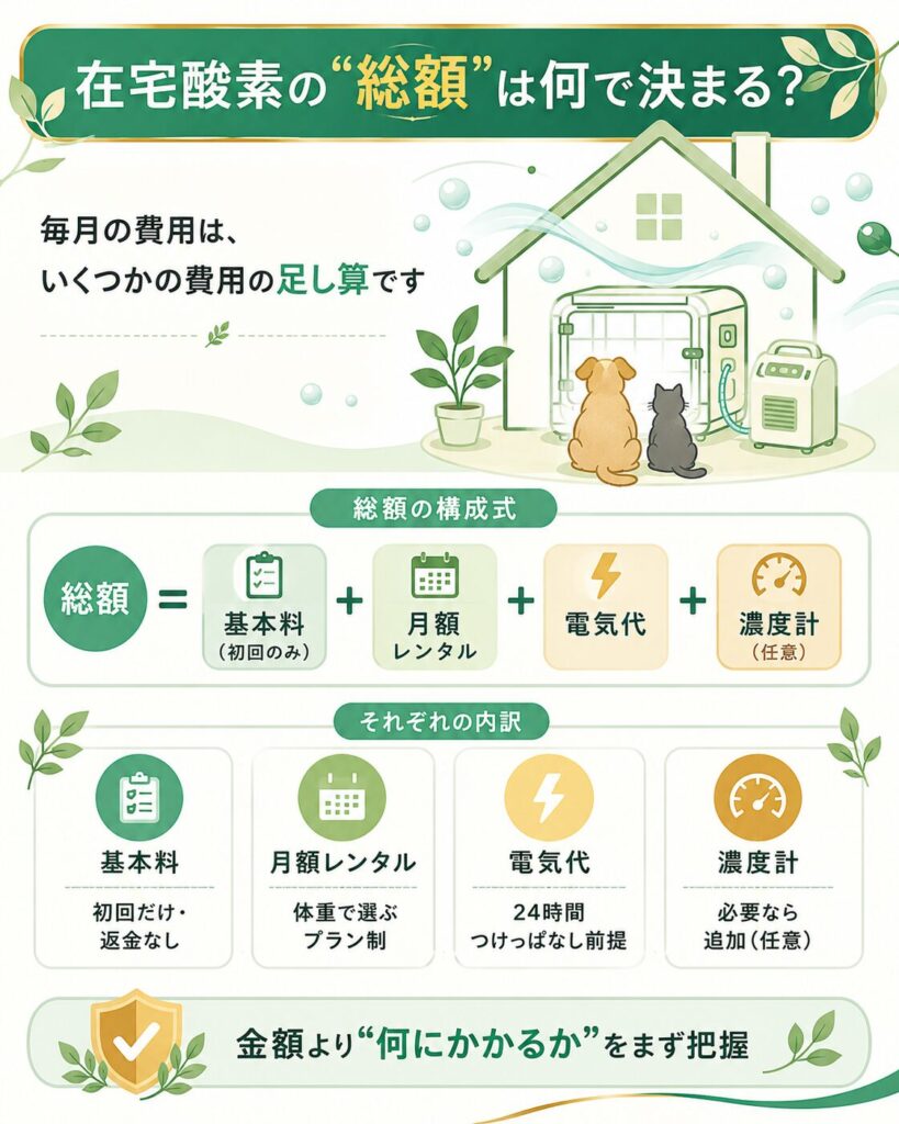在宅酸素レンタルの総額の構成を示した解説図
