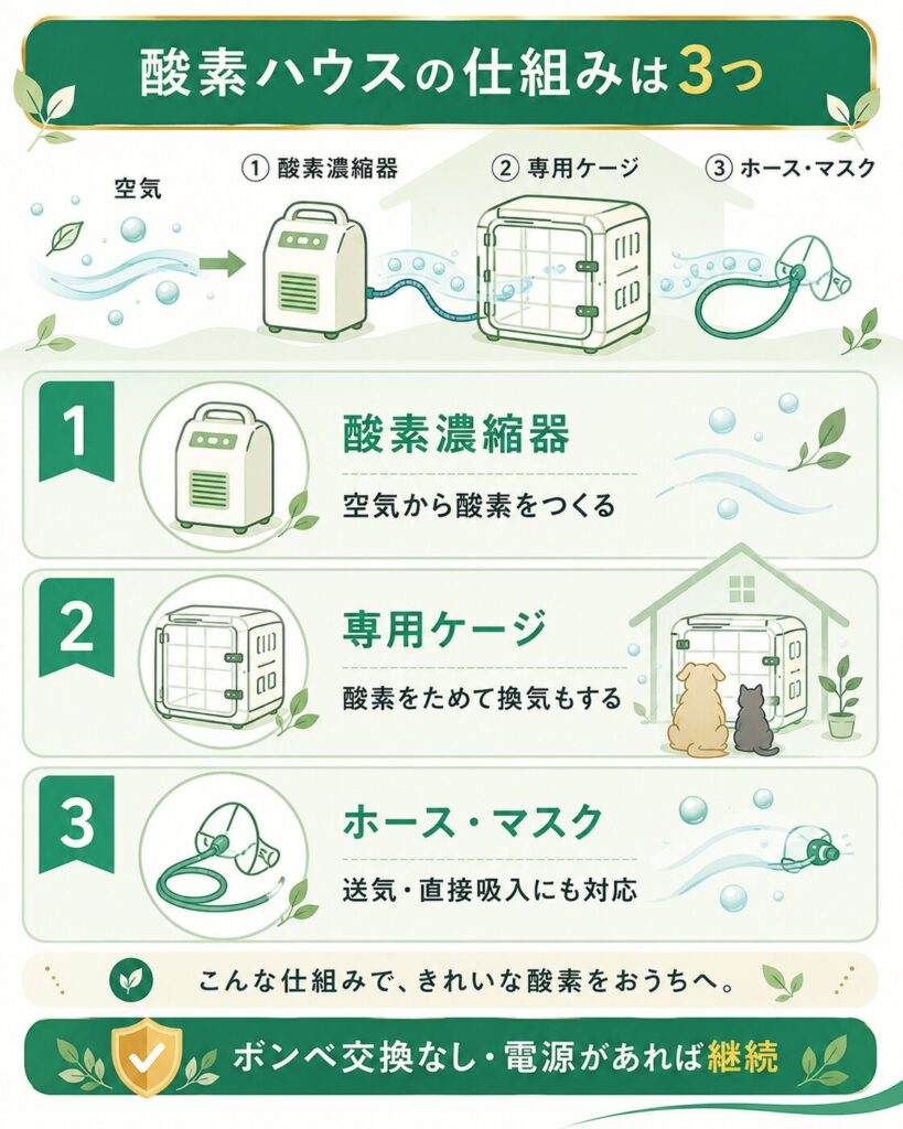 酸素濃縮器とケージで酸素を送る仕組みの解説図