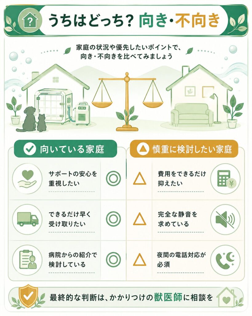 酸素室が向く家庭と慎重に検討する家庭の比較図