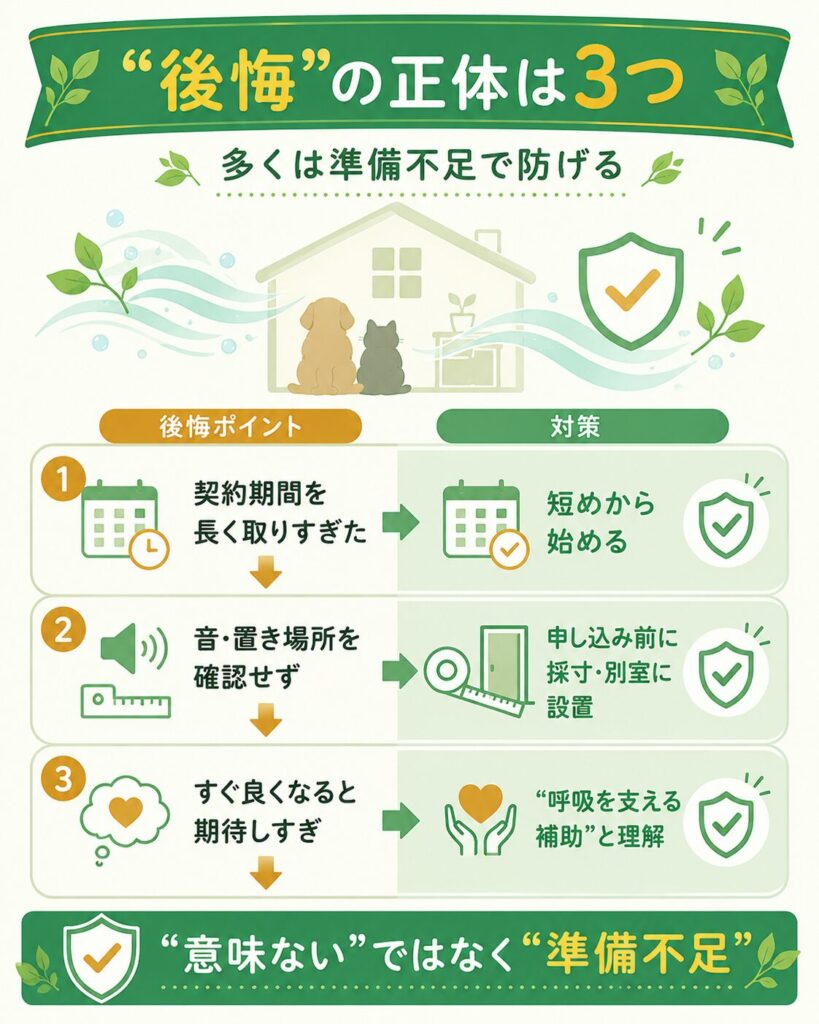 酸素室レンタルで後悔する3つの理由と防ぎ方を示した図