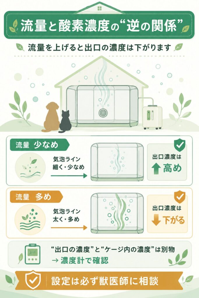 酸素の流量と濃度の関係を示した解説図