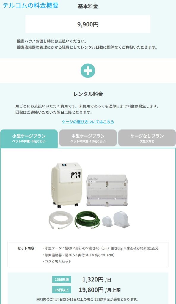 テルコム公式のレンタル料金ページ。基本料と月額上限を示す